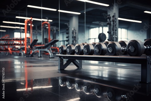 A lineup of dumbbells in a gym, providing the necessary tools for effective strength training and muscle development, Gym Equipmend Dumbells in a Gym, Fitness Space, AI Generated