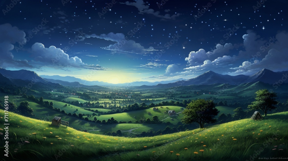 Fototapeta premium A peaceful countryside scene with rolling hills and a starry night sky, capturing the serene ambiance of a nighttime rural landscape. - Generative AI