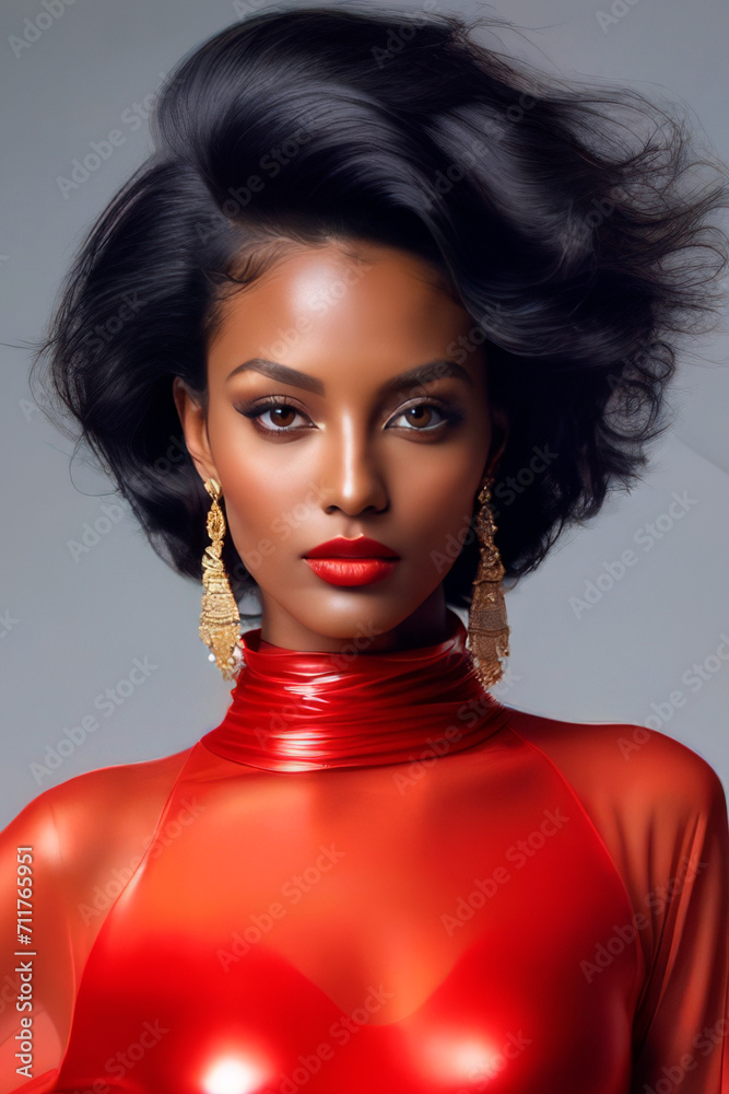 A woman with black hair and red lipstick, wearing a red latex top and gold earrings. A woman with black hair and red lipstick, wearing a red latex top and gold earrings.