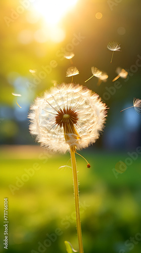 Delicate Dandelion with Flying Seeds in Sunlight  Symbol of Change and Hope  Ideal for Inspirational Content