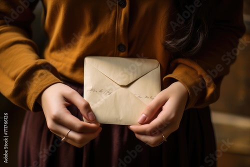 A woman holds an envelope in her hands, showing curiosity and anticipation, Hands of young woman holding handwritten letter, AI Generated