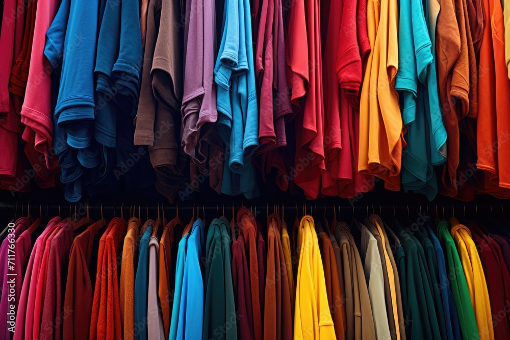 Colorful shirts in a variety of styles and sizes arranged neatly on a rack in a store, hanging in rows of brightly colored clothes sewn for the fall or winter season, AI Generated