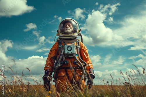 Old man astronaut walks in spacesuit across field of grass. Generative AI