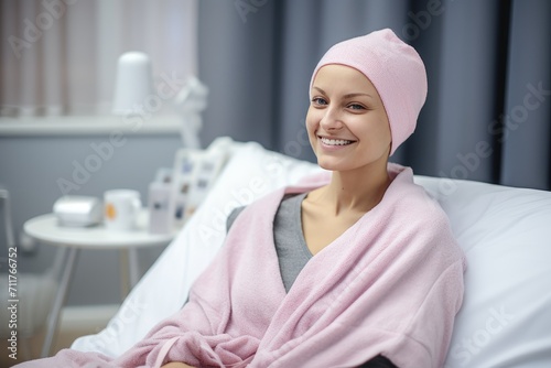 Woman With Pink Towel Wrapped Around Her Head, Simple Beauty Routine at Home, Happy cancer patient, Smiling woman after chemotherapy treatment at hospital oncology department, AI Generated