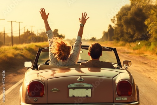 Two individuals sitting in a car, representing the common experience of commuting in the city, Happy couple driving on country road with raised hands, AI Generated photo