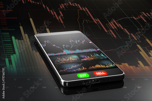 Close up of mobile phone with digital stock exchange chart on black background. Futuristic stock exchange with smartphone.