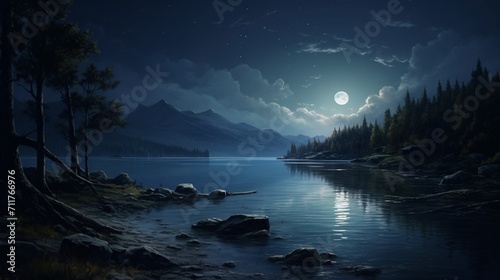 Wallpaper Mural A peaceful lakeside view with moonlight reflecting on the calm waters, capturing the serene ambiance of a nighttime lakeshore. - Generative AI Torontodigital.ca