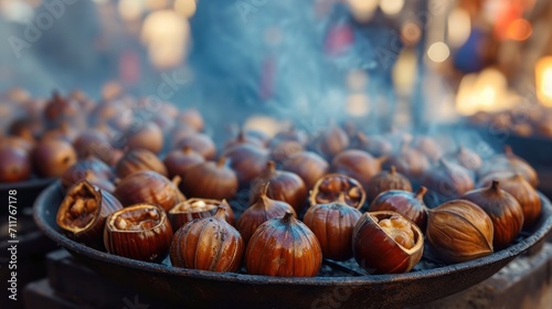 Baked chestnut at sale. Close up view of roasted chestnuts at street market   