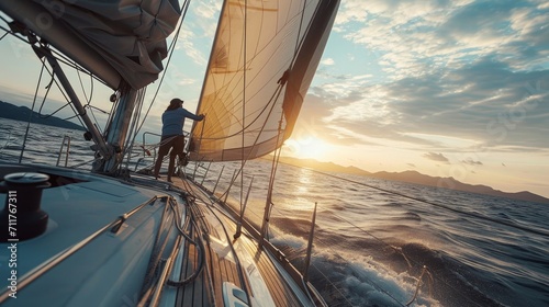 Beautiful inspiring shot of action adventure of sailor or captain on yacht or sailboat attaching big mainsail or spinnaker with ropes on deck of epic boat, sunny summer adventure lifestyle   