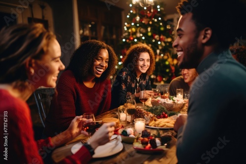 A diverse group of individuals gathered around a table  engaged in conversation over a meal  happy multi-ethnic friends having christmas dinner at home  AI Generated