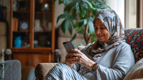 Smiling senior muslim woman at home relaxed texting using mobile phone, technology communication concept