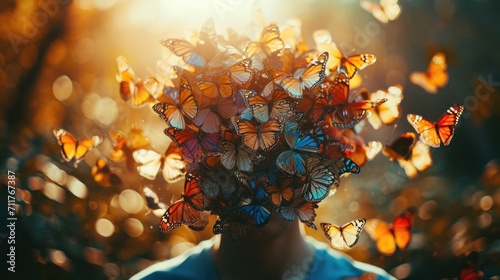 Photo of a Person with a Head Full of Colorful Butterflies, in a dreamy, sunlit garden setting photo