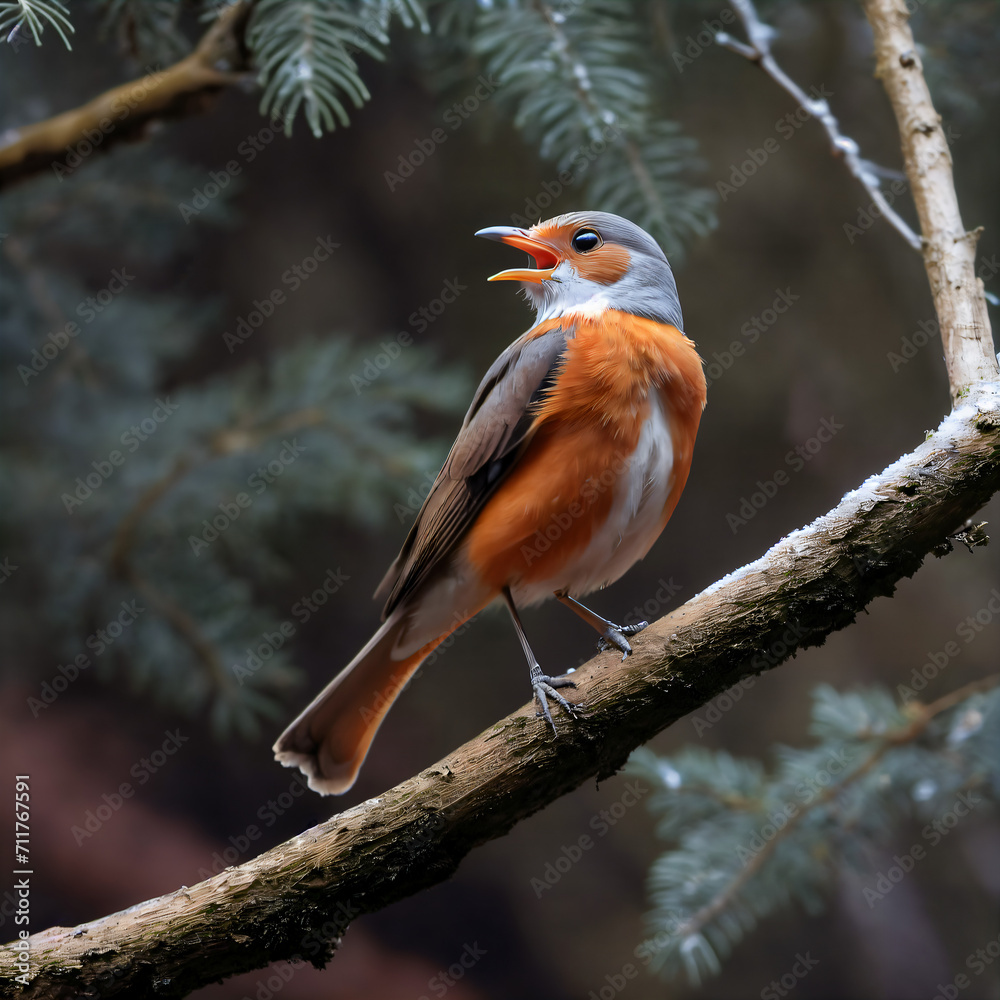 Bird with a Bright Beak Perched on a Snowy Branch Surrounded by Pine Needles in a Natural and Beautiful Forest of Trees Bird with a Bright Beak Perched on a Snowy Branch Surrounded by Pine Needles in a Natural and Beautiful Forest of Trees