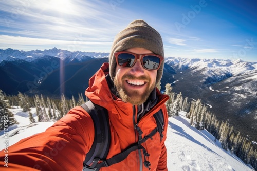 A man capturing a self-portrait on his phone while standing on the peak of a mountain, Happy selfie at mountain summit, Winter hike to snowy peak, AI Generated