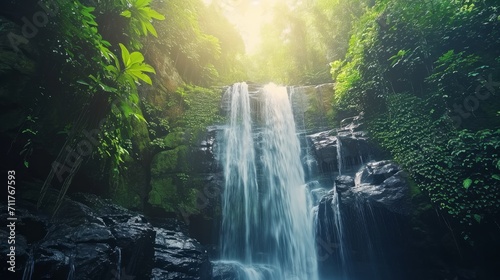 Beautiful waterfall at the mountain. Waterfall in tropical green tree forest. Waterfall is flowing in jungle. Nature abstract background. Granite rock mountain. 