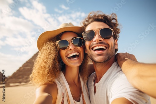 A man and woman strike a pose to capture a selfie with the stunning Pyramids as their backdrop, Happy young couple taking selfie in front of egyptian pyramids, AI Generated