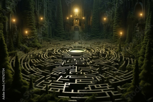 Enchanted forest labyrinths  twisting and turning with magical illusions - Generative AI