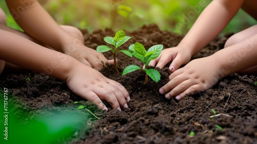 Children's hands planting sapling on soil as the world's concept of rescue    