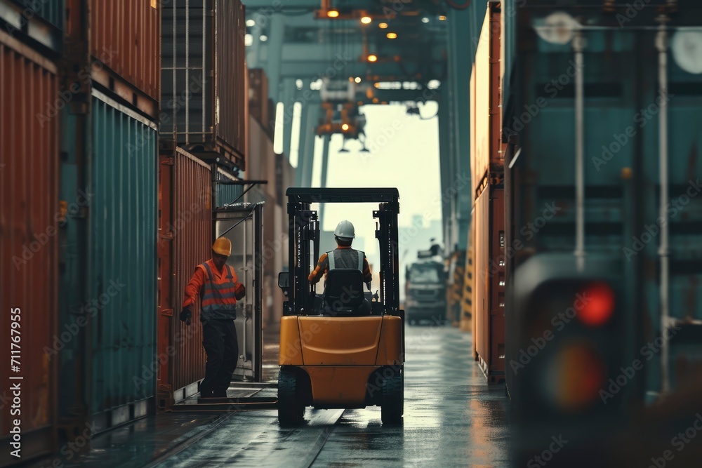 photo a bustling logistics port terminal: a forklift driver loads a cargo container with precision, assisted by a female industrial supervisor and safety inspector.