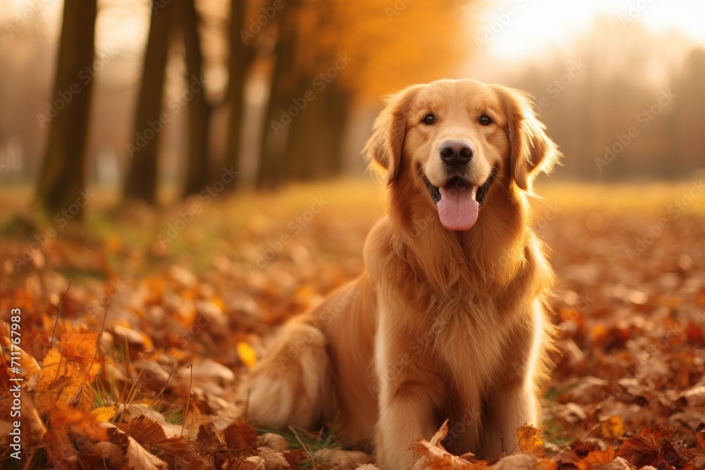 A happy golden retriever enjoys a restful moment in a picturesque field covered with colorful autumn leaves, Happy golden retriever dog on Autumn nature background, AI Generated A happy golden retriever enjoys a restful moment in a picturesque field covered with colorful autumn leaves, Happy golden retriever dog on Autumn nature background, AI Generated