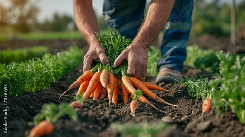 Close Up on a Mature Male Farmer's Hands Harvesting Quality Fresh Carrots Removed From Fertilized Soil in Ecological Farming Field. Bio Agriculture and Eco-friendly Farming Cultivation Concept 