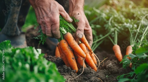 Close Up on a Mature Male Farmer's Hands Harvesting Quality Fresh Carrots Removed From Fertilized Soil in Ecological Farming Field. Bio Agriculture and Eco-friendly Farming Cultivation Concept 