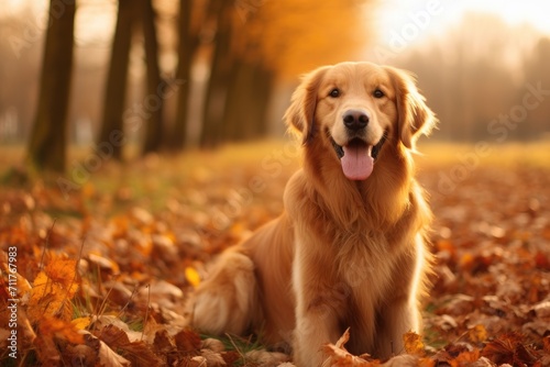A happy golden retriever enjoys a restful moment in a picturesque field covered with colorful autumn leaves  Happy golden retriever dog on Autumn nature background  AI Generated