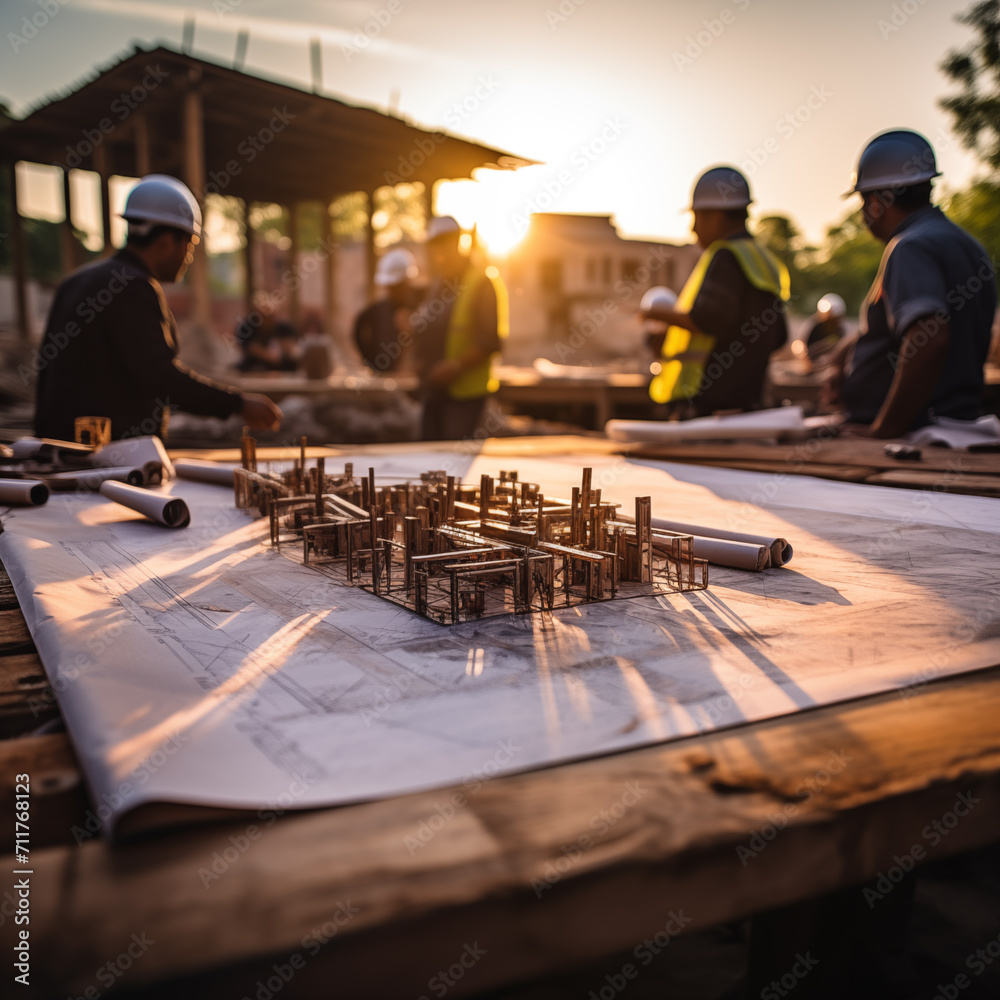 a group of people in hard hats and a table with a model of a building - obrazy, fototapety, plakaty 