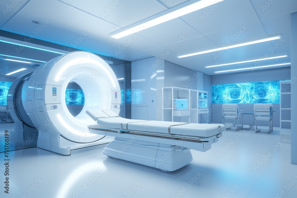 A hospital room equipped with a crucial, large white machine providing essential medical care and treatment, High-tech modern CT scan room in the modern hospital, AI Generated
