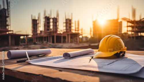 a hard hat and blueprints on a table