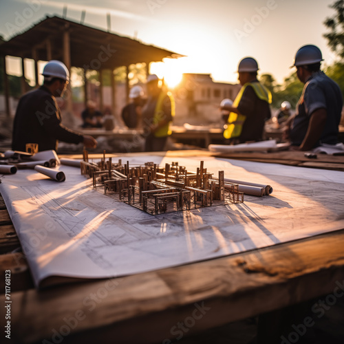 a group of people in hard hats and a table with a model of a building photo