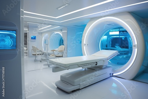 This image showcases a room with a bed and several chairs, providing a practical and comfortable space for rest and relaxation, High-tech modern CT scan room in the modern hospital, AI Generated