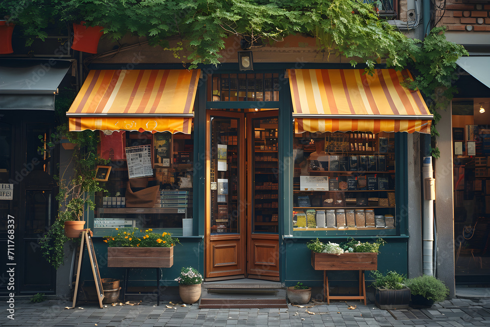 A typical European store facade with old village boutique awnings and vintage commercial buildings in warm tones. - obrazy, fototapety, plakaty 