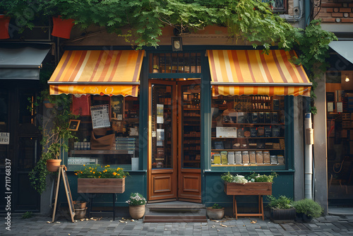 A typical European store facade with old village boutique awnings and vintage commercial buildings in warm tones. photo