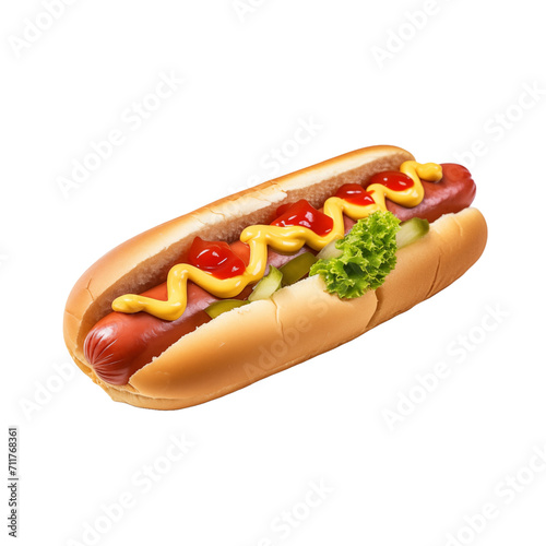 Hot dog with mustard and ketchup isolated on transparent and white background. Generative ai