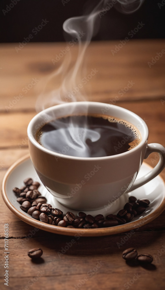 Fototapeta premium Cup of coffee on a wooden table generated by AI