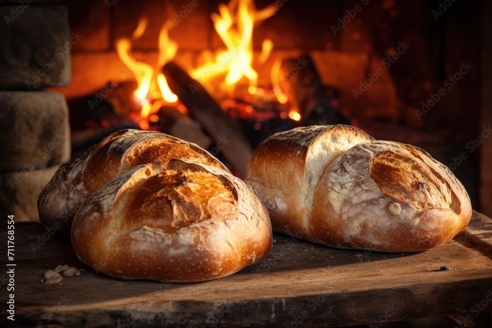 Two perfectly baked loaves of bread sitting in front of a crackling fire, providing cozy warmth and anticipation for a delightful snack, hot baked bread on rustic wood oven, AI Generated