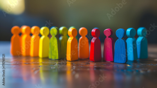Small wooden figurines in different colors on a table to simulate a crowd of people photo