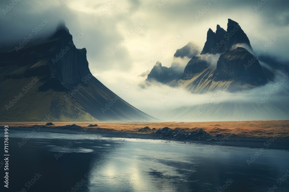 A stunning painting capturing the grandeur of mountains and the serene beauty of a body of water, Iceland's breathtaking landscape captured through photography, AI Generated