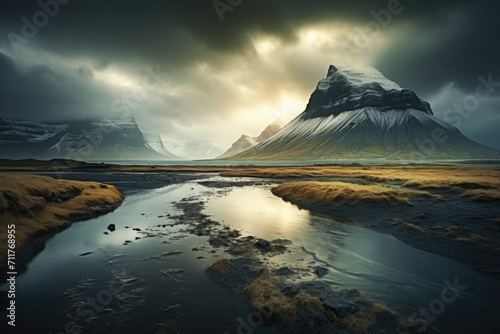 A breathtaking view of a towering mountain framed by a tranquil lake below, Iceland's breathtaking landscape captured through photography, AI Generated