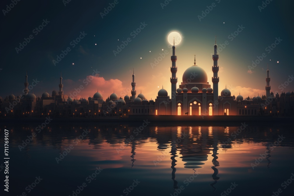 A breathtakingly beautiful view of a mosque, radiating a warm glow against the night sky, Illustration of a mosque with a moon and its reflection in water, Ramadan Kareem background, AI Generated