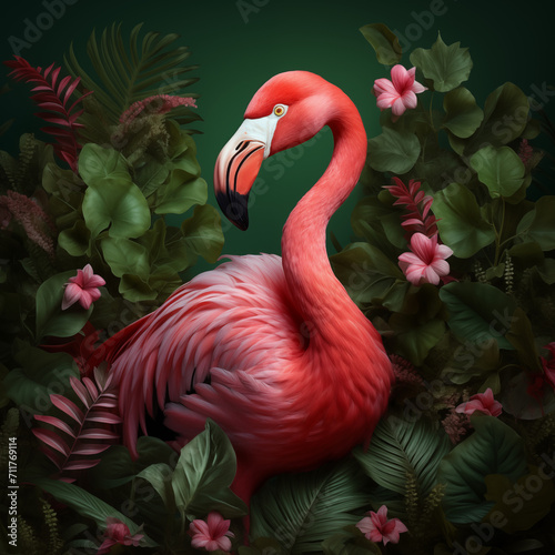 Ein rosa Flamingo mit grünen Pflanzen im Hintergrund