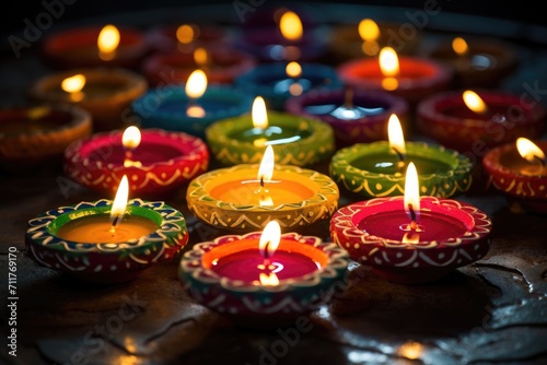 A vibrant assortment of candles transforms a tabletop into a blaze of color, Indian festival Diwali, oil lamps lit on colorful rangoli, Hindu tradition, AI Generated
