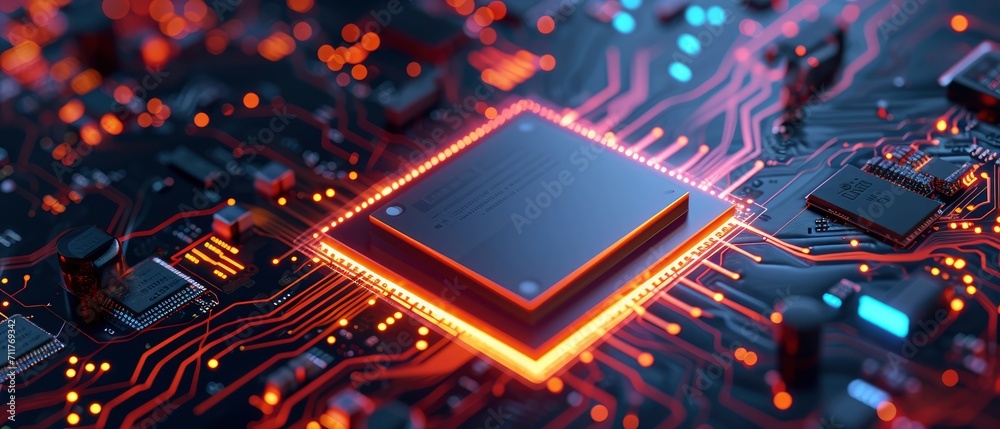 a motherboard CPU processor microchip initiates the digitalization of data, Dynamic digital lines converge into the AI symbol. a motherboard CPU processor microchip initiates the digitalization of data, Dynamic digital lines converge into the AI symbol.