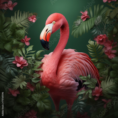 Ein rosa Flamingo mit grünen Pflanzen im Hintergrund