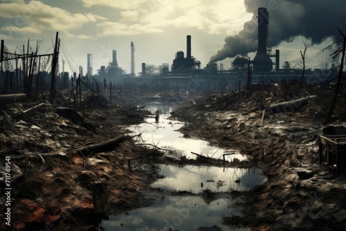 An image depicting a chaotic scene of pollution and destruction with smoke and water in a dirty area, Industrial landscape featuring a polluted river, depicting environmental disaster, AI Generated