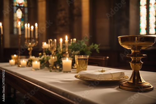 Sacred Eucharist-A beautifully set communion table in a Catholic church, with the consecrated host and chalice.  photo