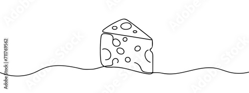 Piece of cheese with holes in one line drawing style. Dairy, milk products. Hand drawn vector illustration.