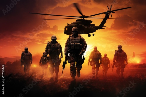 Murais de parede A group of soldiers in full military gear walking towards a helicopter on a tarm
