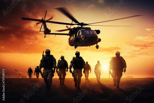 A helicopter hovers in the sky as it surveils a group of soldiers engaged in military operations on the ground, Infantry soldiers and helicopters on a sunset background, anonymous faces, AI Generated